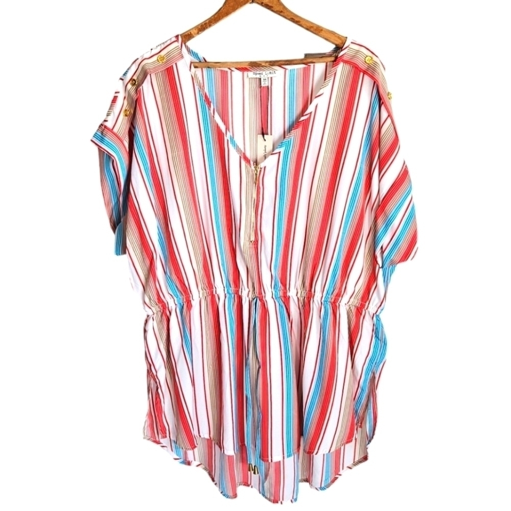 NWT Speed Limit short sleeve striped v-neck blouse with gold buttons, 3X
